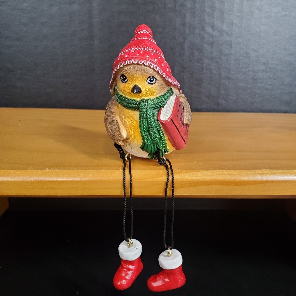 Winter Yellow Bird Shelf Sitter Figurine Holding‎ Reading Book Seasonal Decor